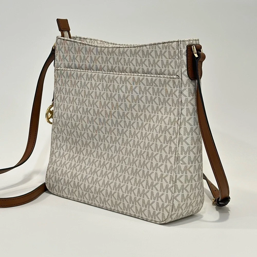 Michael Kors White Logo Crossbody with Brown Strap